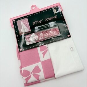 BETSEY JOHNSON 14pc COQUETTE Pink White Checkered Bow Shower Curtain Set
